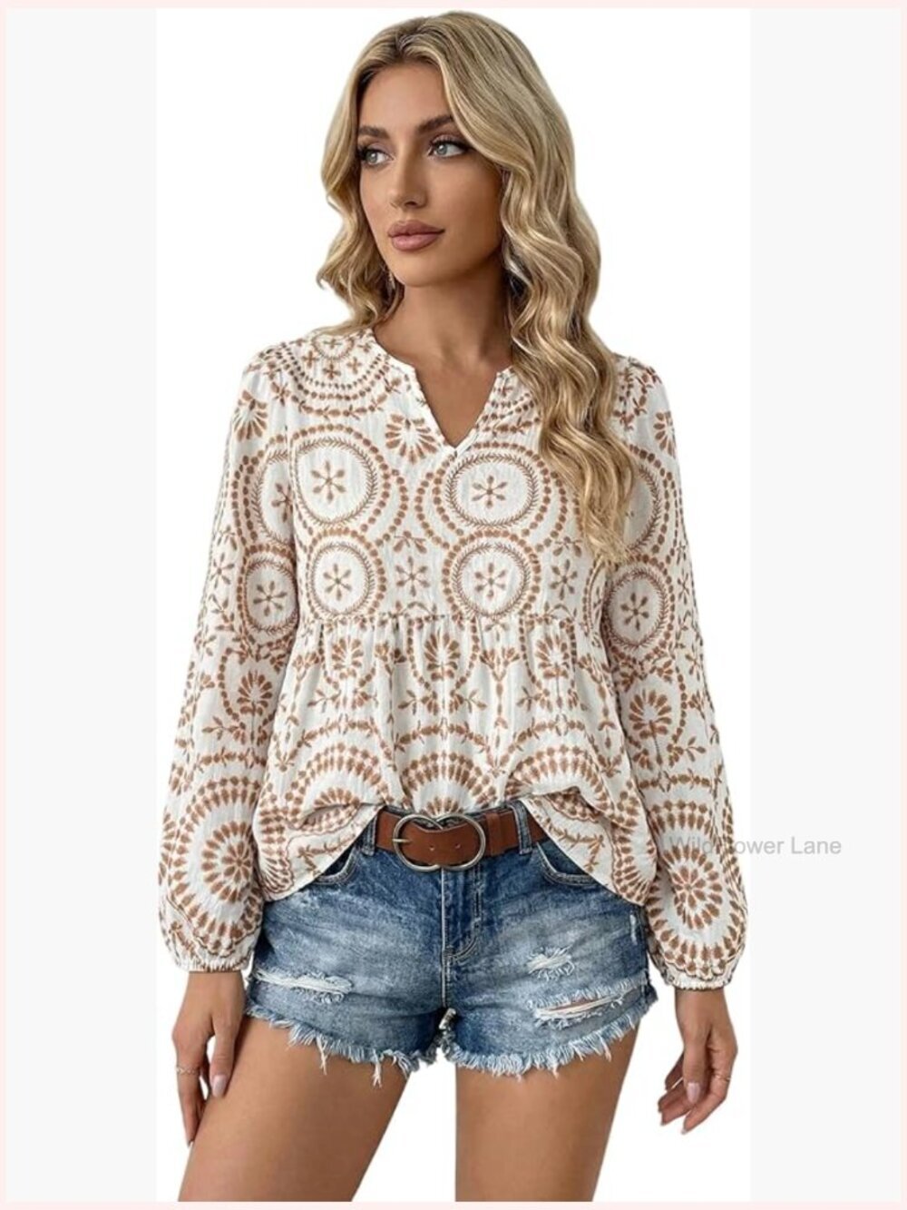Boho Print Peplum Blouse Dressy Casual Puff Long Sleeve Notched V Neck Babydoll